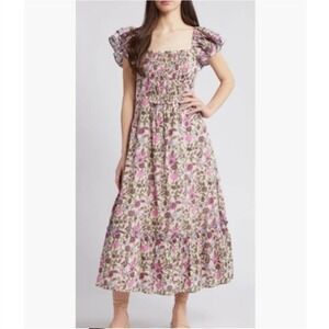 Cleobella Anika‎ Floral Kai Smocked Square Neck Maxi Dress Flutter Sleeve Cotton